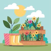 gardening flowers in basket with boots vector
