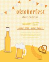 Oktoberfest party poster illustration with fresh dark beer, pretzel, and blue and white party flag. Vector celebration flyer template for traditional German beer