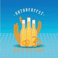 Oktoberfest party poster illustration with fresh dark beer, pretzel, and blue and white party flag. Vector celebration flyer template for traditional German beer