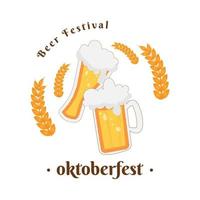 ilustración del cartel de la fiesta de oktoberfest con cerveza oscura fresca, pretzel y bandera de fiesta azul y blanca. plantilla de volante de celebración de vector para cerveza alemana tradicional