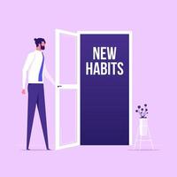 New habits for businessman. Man opens door looking for new direction. Successful businessman in suit with briefcase. Choose a new direction, make a choice concept vector