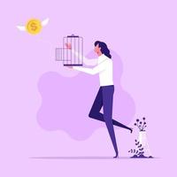 Businesswoman free money symbol inside birdcage, metaphor of financial freedom, vector illustration