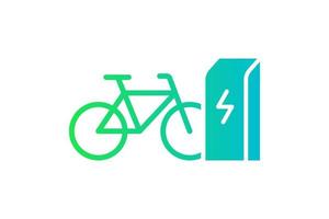 Electric bicycle charging in charger station icon. Electrical bike energy charge green gradient symbol. Eco friendly electro cycle recharge sign. Vector eps battery powered e-bike transportation