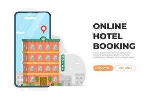 reserva de hotel para la plantilla de página de destino de la aplicación móvil del servicio en línea de turismo. concepto de reserva de apartamento de viaje. edificio de motel de vacaciones y pin de ubicación en la pantalla del teléfono inteligente. búsqueda de albergue vectorial vector