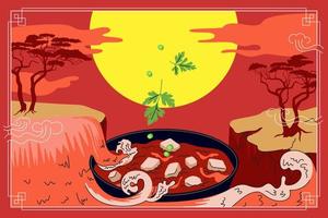 concepto de banner de mapo tofu de cocina china. plato de sopa de cuajada de soja nacional de china cubierta ola de cascada en el fondo del desfiladero de la puesta del sol. cartel de vector de comida asiática para publicidad de cafetería o restaurante oriental