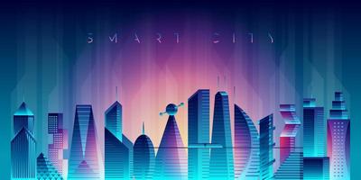 Future smart city landscape concept. Skyscrapers in abstract panoramic bright night futuristic metropolis. Cyberpunk glowing lights cityscape. Modern creative urban architecture. Vector illustration