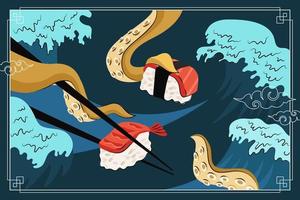 diseño de afiches de dibujo de sushi y sashimi de comida japonesa. plato nacional de japón arroz y pescado crudo y camarones. los tentáculos de calamar o pulpo sostienen palillos en las olas del mar. mariscos roll bar menú promo eps banner vector