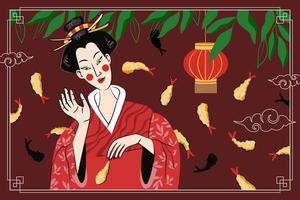 Japanese food tempura drawing poster design. Japan national dish fried shrimp in batter. Sushi rolls bar advertising banner. Asian seafood restaurant menu or flyer decoration with woman geisha. Vector