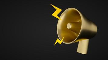 Marketing time concept, realistic 3D golden megaphone, loudspeaker with lightning. photo