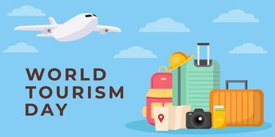 ilustración del día mundial del turismo con maleta, bolso, avión y equipo de viaje vector