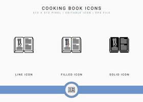 Cooking book icons set vector illustration with solid icon line style. Kitchen utensils concept. Editable stroke icon on isolated background for web design, user interface, and mobile application