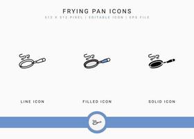 Frying pan icons set vector illustration with solid icon line style. Kitchen utensils concept. Editable stroke icon on isolated background for web design, user interface, and mobile application