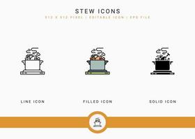 Stew icons set vector illustration with solid icon line style. Kitchen utensils concept. Editable stroke icon on isolated background for web design, user interface, and mobile application