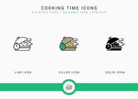 Cooking time icons set vector illustration with solid icon line style. Kitchen utensils concept. Editable stroke icon on isolated background for web design, user interface, and mobile application