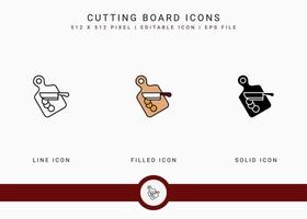 Cutting board icons set vector illustration with solid icon line style. Kitchen utensils concept. Editable stroke icon on isolated background for web design, user interface, and mobile application