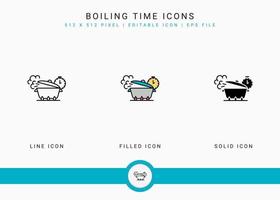 los iconos de tiempo de ebullición establecen una ilustración vectorial con un estilo de línea de icono sólido. concepto de utensilios de cocina. icono de trazo editable en un fondo aislado para diseño web, interfaz de usuario y aplicación móvil vector