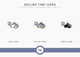 Boiling time icons set vector illustration with solid icon line style. Kitchen utensils concept. Editable stroke icon on isolated background for web design, user interface, and mobile application