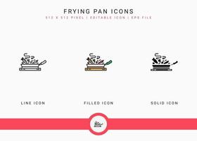 Frying pan icons set vector illustration with solid icon line style. Kitchen utensils concept. Editable stroke icon on isolated background for web design, user interface, and mobile application