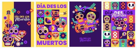 Dia des los muertos vector geometric collection set with flower, skull, sombrero isolated objects