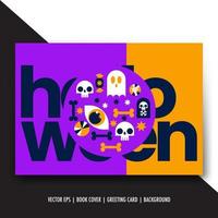 Halloween invitation card modern vector illustration. Eyes, skull, ghost, candy, bone isolated objects