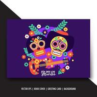 Dia des los muertos vector illustration with flower, skull, sombrero isolated objects