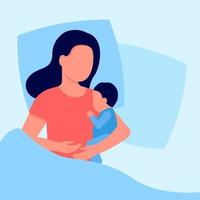 Mother sleeps with her newborn baby in bed. Family care for child and comfort relaxation. Breastfeeding, motherhood. Woman sleep together with kid. Vector illustration
