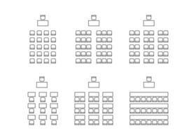 conjunto de planes para la disposición de asientos en el interior, auditorio con lugar para espectadores, aula, teatro, sala de conferencias, elementos de esquema de diseño. iconos de sillas y mesas de esquema. vista superior de los muebles.línea vectorial vector