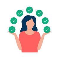 mujer en equilibrio, control en completo hecho. conocimiento, competencia y experiencia capacidad de hacer. habilidades y actitud efectiva con el aprendizaje y el autodesarrollo. poner marca de verificación, marcar. vector