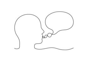 Head man talk with speech bubble outline, conversation person, speak, continuous line drawing. Graphics minimalist linear. Balloon for communication, statement. Vector illustration