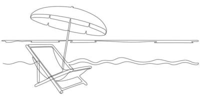 Beach umbrella and chair on beach sea, continuous one line drawing. Beach chaise longue and sunshade for summer holiday. Summertime relax on deck chair on coast of sea. Nature shore. Vector outline