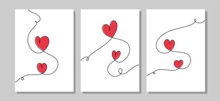 Set of posters with hearts in one line art style. Continuous one line drawing of red hearts on white background. Thin line of love card vector