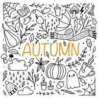 Autumn doodle set. Scarf, tea, mushroom, leaves, pumpkins, acorn, fox, floral wreath, candles. Fall season elements perfect for scrapbook, card, poster, invitation, sticker kit. Vector illustration