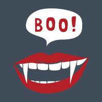 Vampire's mouth, symbol of Halloween. Red lips with fangs and speech bubble. Template for your design. Hand drawn trendy vector illustration. All elements are isolated.