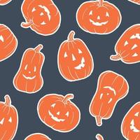 Pattern pumpkins. Main symbol of Halloween. Orange pumpkin with various funny faces. Template for your design. Hand drawn trendy vector seamless pattern. Square background, wallpaper