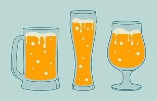 Set of outline drawings. Set of 3 different glasses of beer. Flat illustration for greeting cards, postcards, invitations, menu design. Line art template vector