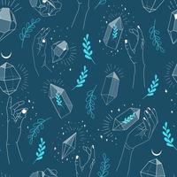 Hands with crystal gems outline pattern. Magic shiny crystal concept. Modern vector illustration. Transparent line art gems with leaves and stars. Minimalistic design for web.