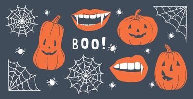 Set of pumpkins, spiderwebs and fangs. Main symbols of Halloween. Orange pumpkin with various funny faces. Template for your design. Hand drawn trendy Vector illustration. All elements are isolated.