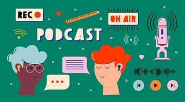 Headphones, microphone, two guys, speech bubbles icons. Podcast recording and listening, broadcasting, online radio, audio streaming service concept. Hand drawn vector isolated colorful illustrations.