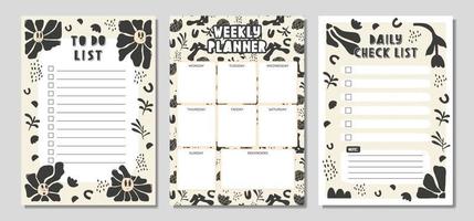 Check list planner, note paper, to do list decorated with cute cartoon doodle flowers and botanical illustrations and inspirational quote. School scheduler and organizer. Flat vectors