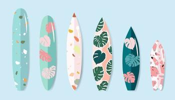 Variety of standing surfboards set. Isolated hand drawn vector surfing boards with monstera and terrazzo print. Summer sports and activities conceptual illustration. Trendy design for web and print.