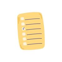 Hand drawn yellow sheet of paper with purple lines and checkmarks doodle style, vector illustration isolated on white background. To do list, stationery, design element
