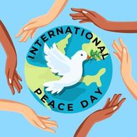 international peace day illustration with hands, dove and earth vector