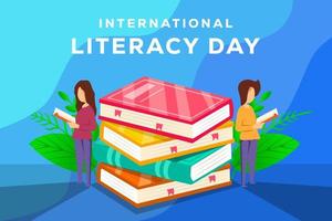 flat International literacy day banner with books and people reading book vector