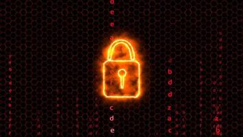 Quantum cryptography security technology lock hexagon wire matrix red theme