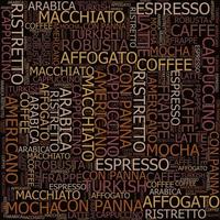 tipos de patrón de café, espresso, capuchino, macchiato, concepto de texto de nube de etiquetas de nube de palabras. vector