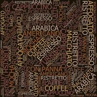 tipos de patrón de café, espresso, capuchino, macchiato, concepto de texto de nube de etiquetas de nube de palabras. vector