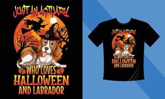 solo un actuario que ama Halloween y Labrador: la mejor plantilla de diseño de camisetas de Halloween. labrador, calabaza, noche, luna, bruja, máscara. camiseta de fondo nocturno para imprimir. vector