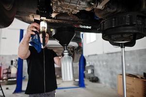 Car repair and maintenance theme. Mechanic in uniform working in auto service. photo