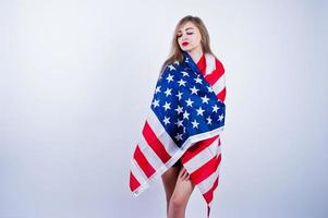 Cute girl with american usa flag isolated on white background. photo