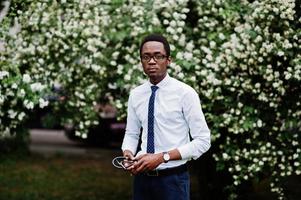 Stylish african american doctor with stethoscope posed outdoor. photo